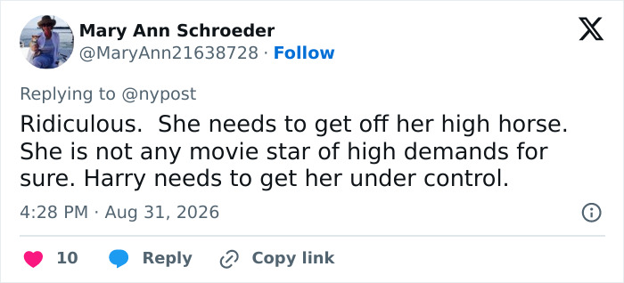 Tweet by Mary Ann Schroeder criticizes Meghan Markle and her UK home demands. Tweet by Mary Ann Schroeder criticizes Meghan Markle and her UK home demands.