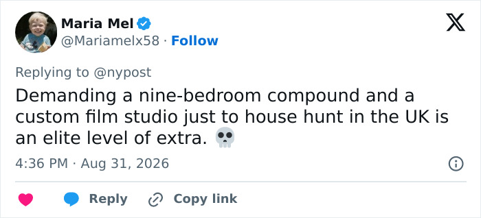 Netizens slam Meghan Markle for wild demands; a user states, Demanding a nine-bedroom compound and film studio for a UK home is extra. Netizens slam Meghan Markle for wild demands; a user states, Demanding a nine-bedroom compound and film studio for a UK home is extra.