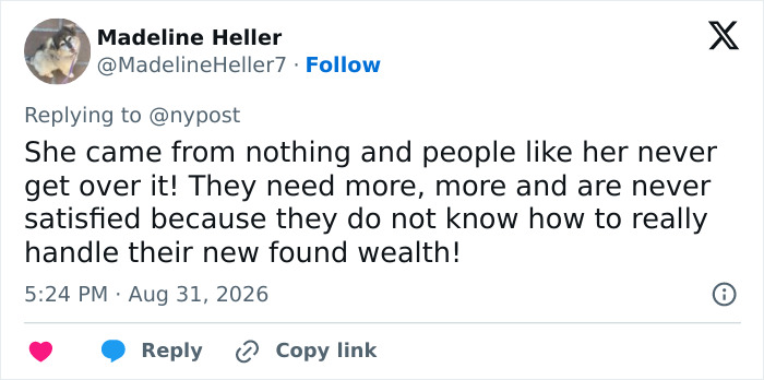 A tweet from Madeline Heller slamming Meghan Markle for wild demands, stating she is never satisfied with her newfound wealth. A tweet from Madeline Heller slamming Meghan Markle for wild demands, stating she is never satisfied with her newfound wealth.