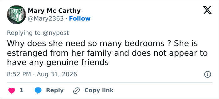 A tweet from Mary McCarthy slamming Meghan Markle for wild demands for a new UK home, asking why she needs so many bedrooms. A tweet from Mary McCarthy slamming Meghan Markle for wild demands for a new UK home, asking why she needs so many bedrooms.