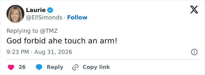 Tweet by Laurie on X, sarcastically commenting on an actress booted from hotel after wild meltdown. Tweet by Laurie on X, sarcastically commenting on an actress booted from hotel after wild meltdown.