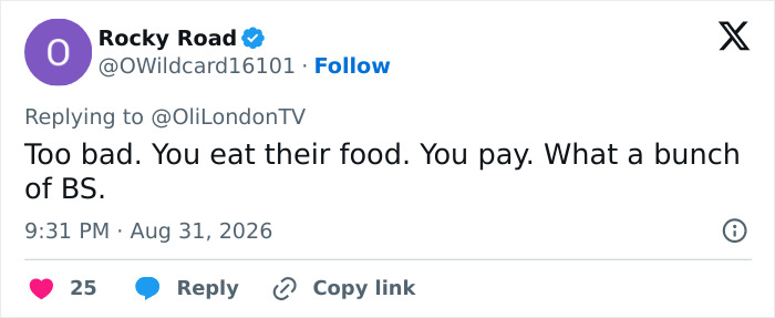 A tweet about a trans woman leaving a Japanese restaurant. This tweet says: You eat their food. You pay. What a bunch of BS.