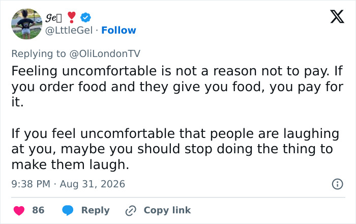 A tweet by @LittleGel about a trans woman leaving a Japanese restaurant without paying, stating 'Feeling uncomfortable is not a reason not to pay.'