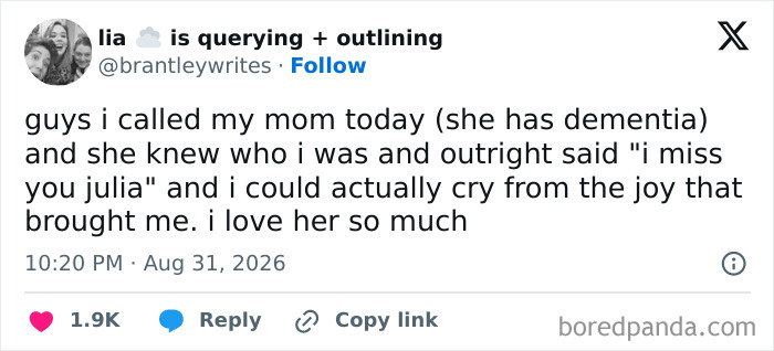 Wholesome Tweets sharing a touching moment about a mother with dementia.