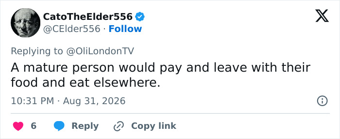Tweet from CatoTheElder556 suggesting a mature person would pay and leave the Japanese restaurant.