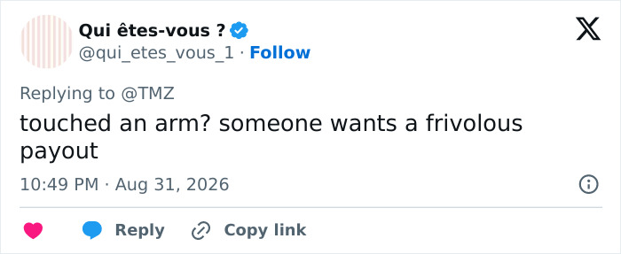 Screenshot of a tweet from Qui êtes-vous? questioning a frivolous payout after a Hollywood actress's meltdown. Screenshot of a tweet from Qui êtes-vous? questioning a frivolous payout after a Hollywood actress's meltdown.