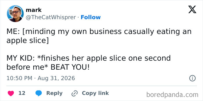 A tweet where parents vented on social media about their kid competitively eating an apple slice.