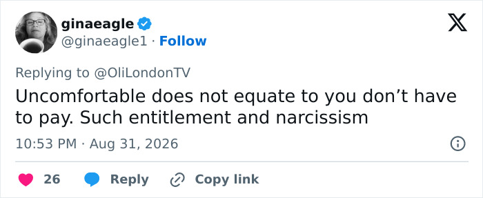 A tweet by @ginaeagle1 discussing a trans woman leaving a Japanese restaurant without paying, asserting 'Uncomfortable does not equate to you don't have to pay. Such entitlement and narcissism'.