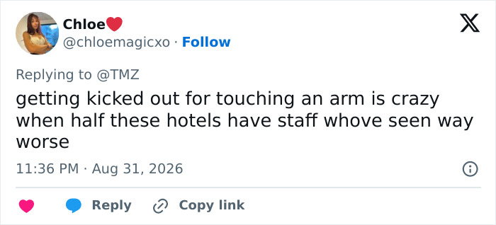 Tweet by Chloe on X, expressing disbelief about an actress booted from hotel after wild meltdown. Tweet by Chloe on X, expressing disbelief about an actress booted from hotel after wild meltdown.