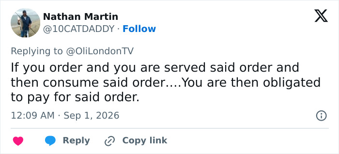 A tweet about a trans woman leaving a Japanese restaurant. This tweet says: You are then obligated to pay for said order.