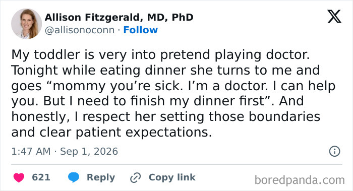 An amusing post of parents vented on social media about a toddler setting boundaries while playing doctor.