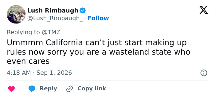 Screenshot of a tweet from Lush Rimbaugh discussing a Hollywood actress's meltdown, criticizing California rules. Screenshot of a tweet from Lush Rimbaugh discussing a Hollywood actress's meltdown, criticizing California rules.