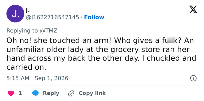 Twitter reply about the Hollywood actress incident, downplaying the arm touching, Oh no! she touched an arm! Who gives a f***? Twitter reply about the Hollywood actress incident, downplaying the arm touching, Oh no! she touched an arm! Who gives a f***?
