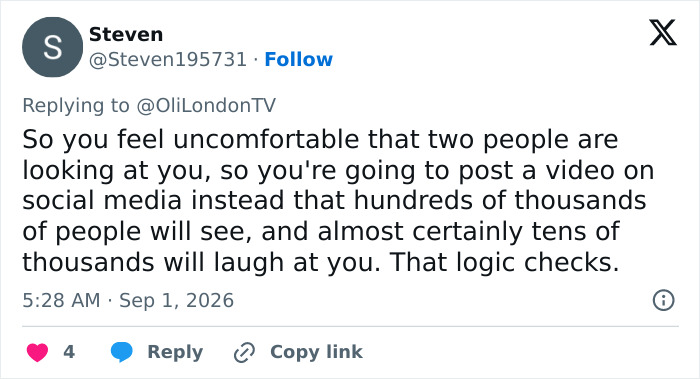 Tweet commenting on the trans woman feeling uncomfortable but then posting a video online for many to see.