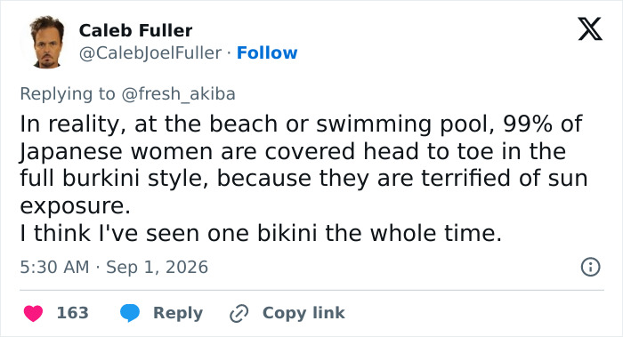 Screenshot of a tweet by Caleb Fuller discussing Japanese women's attire for sun exposure, impacting beauty standards. Screenshot of a tweet by Caleb Fuller discussing Japanese women's attire for sun exposure, impacting beauty standards.