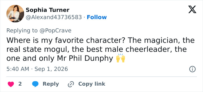 A social media post from a Modern Family fan asking about their favorite character, Phil Dunphy, missing from the reunion pic.