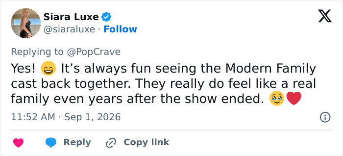 A social media post shows a Modern Family fan delightedly reacting to the reunion pic, noting how they still feel like a family.