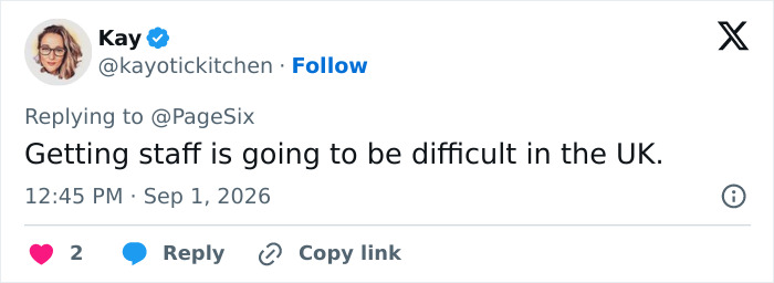 A social media post by Kay discussing the difficulty of getting staff in the UK, related to Meghan Markle's interview rules. A social media post by Kay discussing the difficulty of getting staff in the UK, related to Meghan Markle's interview rules.