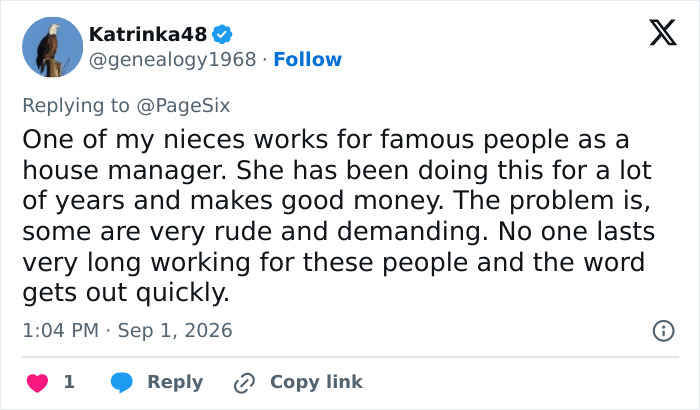 Screenshot of a social media comment about rude and demanding employers, related to Meghan Markle's staff rules. Screenshot of a social media comment about rude and demanding employers, related to Meghan Markle's staff rules.