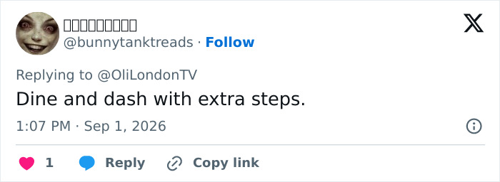 A tweet by @bunnytanktreads commenting on a trans woman leaving a Japanese restaurant without paying, calling it 'Dine and dash with extra steps'.