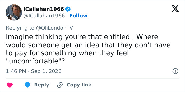 A tweet by @ICallahan1966 questioning a trans woman leaving a Japanese restaurant without paying, asking 'Imagine thinking you're that entitled. Where would someone get an idea that they don't have to pay for something when they feel 'uncomfortable'?'