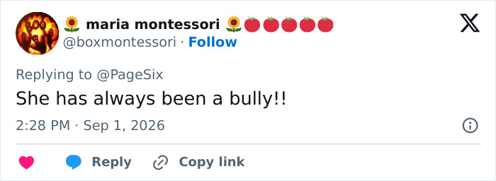 A social media post by maria montessori stating She has always been a bully!! in response to Meghan Markle's interview rules. A social media post by maria montessori stating She has always been a bully!! in response to Meghan Markle's interview rules.