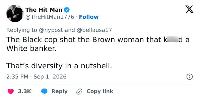 Screenshot of a tweet referencing the Times Square attacker and Bank of America VP victim, commenting on diversity. Screenshot of a tweet referencing the Times Square attacker and Bank of America VP victim, commenting on diversity.