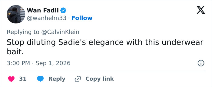 Twitter user criticizing the Calvin Klein ad, contributing to the viral comparison to past ads. Twitter user criticizing the Calvin Klein ad, contributing to the viral comparison to past ads.