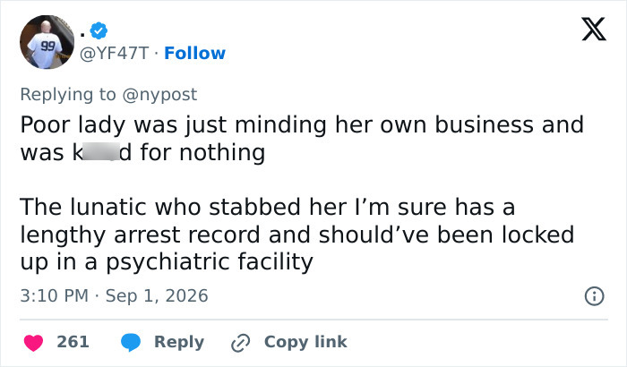 Screenshot of a tweet from YF47T on Sep 1, 2026, commenting on the Times Square victim and attacker. Screenshot of a tweet from YF47T on Sep 1, 2026, commenting on the Times Square victim and attacker.