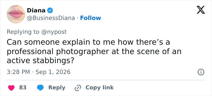 Screenshot of a tweet from Diana on Sep 1, 2026, questioning a professional photographer at the Times Square scene. Screenshot of a tweet from Diana on Sep 1, 2026, questioning a professional photographer at the Times Square scene.