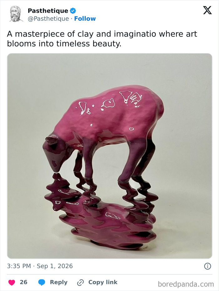 Aesthetic art pink clay sculpture representing a deer reflecting in water