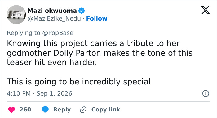Mazi Okwuoma tweets about Miley Cyrus' announcement, mentioning Dolly Parton and sparking fury.