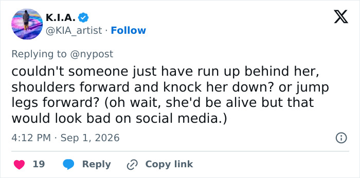 Screenshot of a tweet from K.I.A. on Sep 1, 2026, discussing the Times Square victim and attacker's confrontation. Screenshot of a tweet from K.I.A. on Sep 1, 2026, discussing the Times Square victim and attacker's confrontation.