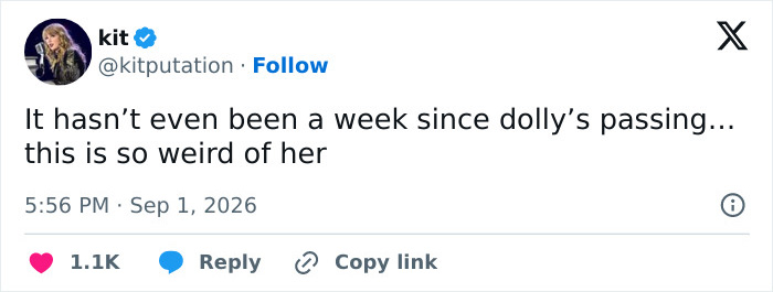 A tweet reads: It hasn't even been a week since Dolly's passing... this is so weird of her, sparking fury.
