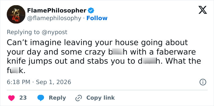 Screenshot of a tweet from FlamePhilosopher on Sep 1, 2026, reacting to the Times Square victim's attack. Screenshot of a tweet from FlamePhilosopher on Sep 1, 2026, reacting to the Times Square victim's attack.