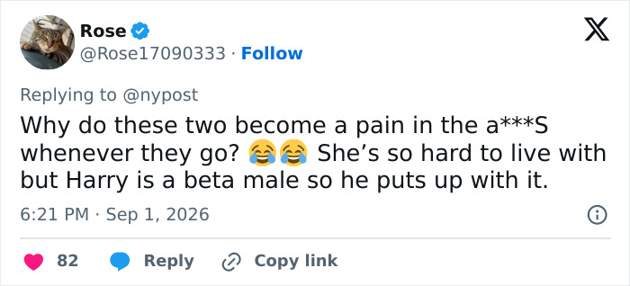 A tweet by Rose about Harry and Meghan's UK return, expressing strong opinions about their presence. A tweet by Rose about Harry and Meghan's UK return, expressing strong opinions about their presence.