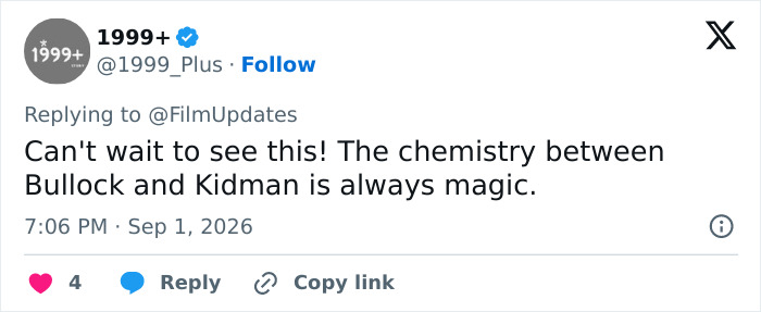 Tweet by 1999+ about the magic chemistry between actresses Bullock and Kidman, referencing their forever-young looks. Tweet by 1999+ about the magic chemistry between actresses Bullock and Kidman, referencing their forever-young looks.