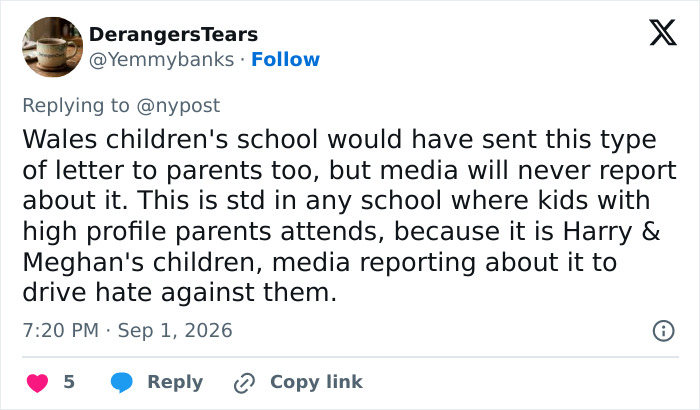 A tweet by DerangersTears about Harry and Meghan's UK return, mentioning school letters and media reporting. A tweet by DerangersTears about Harry and Meghan's UK return, mentioning school letters and media reporting.