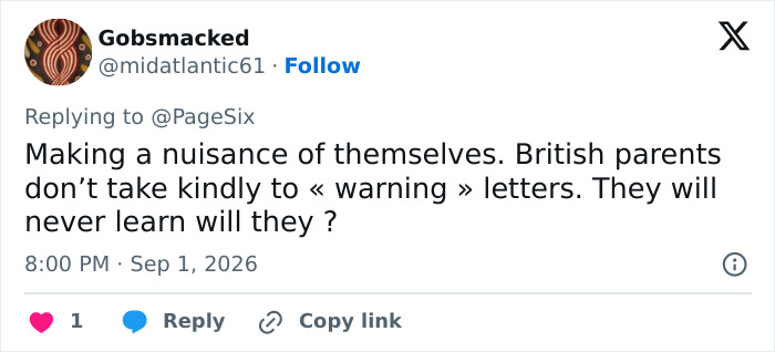 Gobsmacked's tweet on British parents' reaction to warning letters and new school rules, connected to Harry and Meghan's return. Gobsmacked's tweet on British parents' reaction to warning letters and new school rules, connected to Harry and Meghan's return.