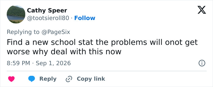 Cathy Speer's tweet suggesting finding a new school to avoid problems with new school rules amid Harry and Meghan UK return. Cathy Speer's tweet suggesting finding a new school to avoid problems with new school rules amid Harry and Meghan UK return.
