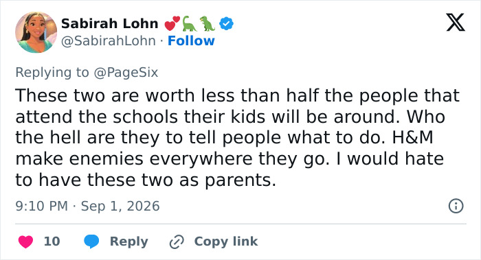 Sabirah Lohn's tweet criticizing Harry and Meghan and their children's school rules, noting parent tension. Sabirah Lohn's tweet criticizing Harry and Meghan and their children's school rules, noting parent tension.