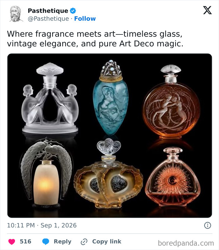 Aesthetic art glass perfume bottles displaying intricate vintage designs