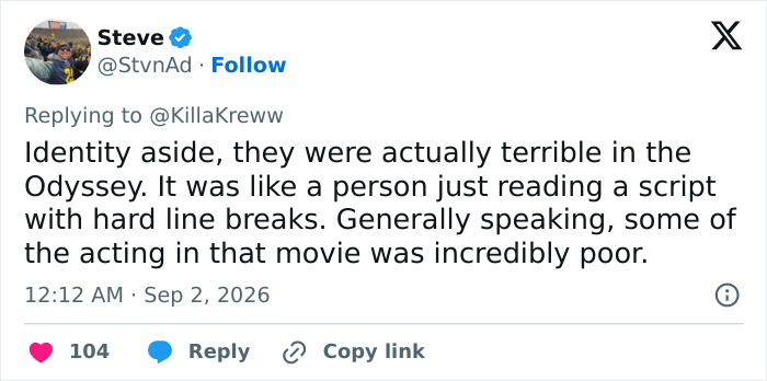 A social media post from Steve critiques Elliot Page's acting in The Odyssey, highlighting Hollywood's bleak reality. A social media post from Steve critiques Elliot Page's acting in The Odyssey, highlighting Hollywood's bleak reality.