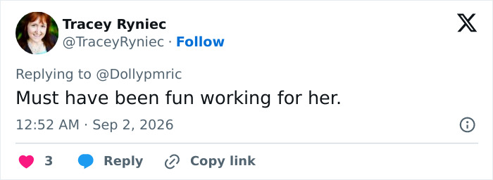 Screenshot of a fan's final video comment about working for Dolly Parton, implying it was fun. Screenshot of a fan's final video comment about working for Dolly Parton, implying it was fun.