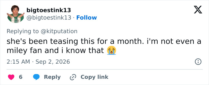 Bigtoestink13 tweets about Miley Cyrus' announcement, sparking fury after Dolly Parton's passing.