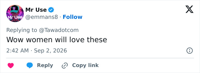 A social media comment from Mr Use saying, Wow women will love these, discussing amazing gadgets designed by women. A social media comment from Mr Use saying, Wow women will love these, discussing amazing gadgets designed by women.