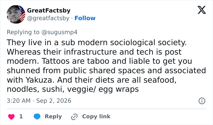 Tweet about Japanese women, their modern infrastructure, and beauty standards, debating Western beauty. Tweet about Japanese women, their modern infrastructure, and beauty standards, debating Western beauty.