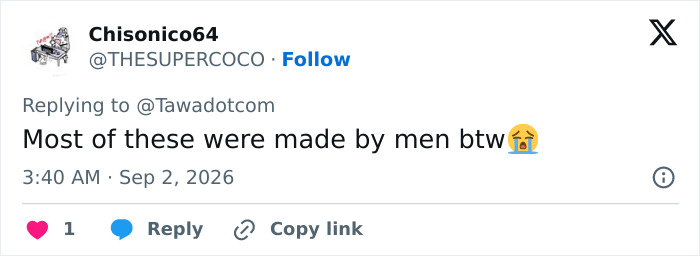 A social media comment stating that most of the viral gadgets were designed by men, not women. A social media comment stating that most of the viral gadgets were designed by men, not women.