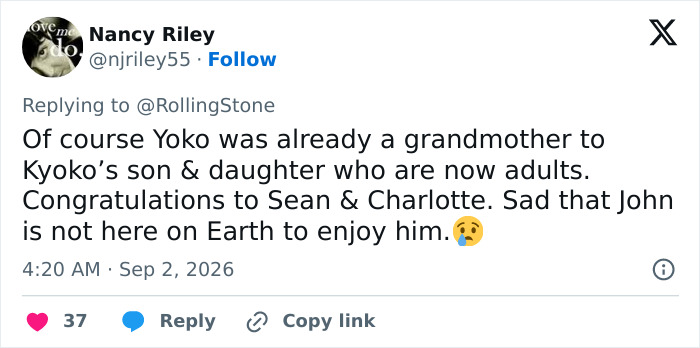 Twitter comment discussing Yoko Ono already being a grandmother and congratulating Sean and Charlotte on John Lennon's grandson's arrival. Twitter comment discussing Yoko Ono already being a grandmother and congratulating Sean and Charlotte on John Lennon's grandson's arrival.