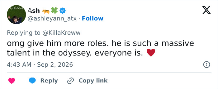 Screenshot of a social media post praising trans actor Elliot Page's massive talent in The Odyssey, asking for more roles. Screenshot of a social media post praising trans actor Elliot Page's massive talent in The Odyssey, asking for more roles.